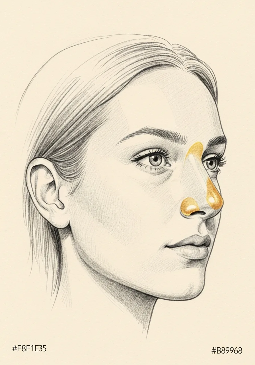 Editorial pencil-sketch profile — concave dorsal collapse characteristic of saddle nose deformity