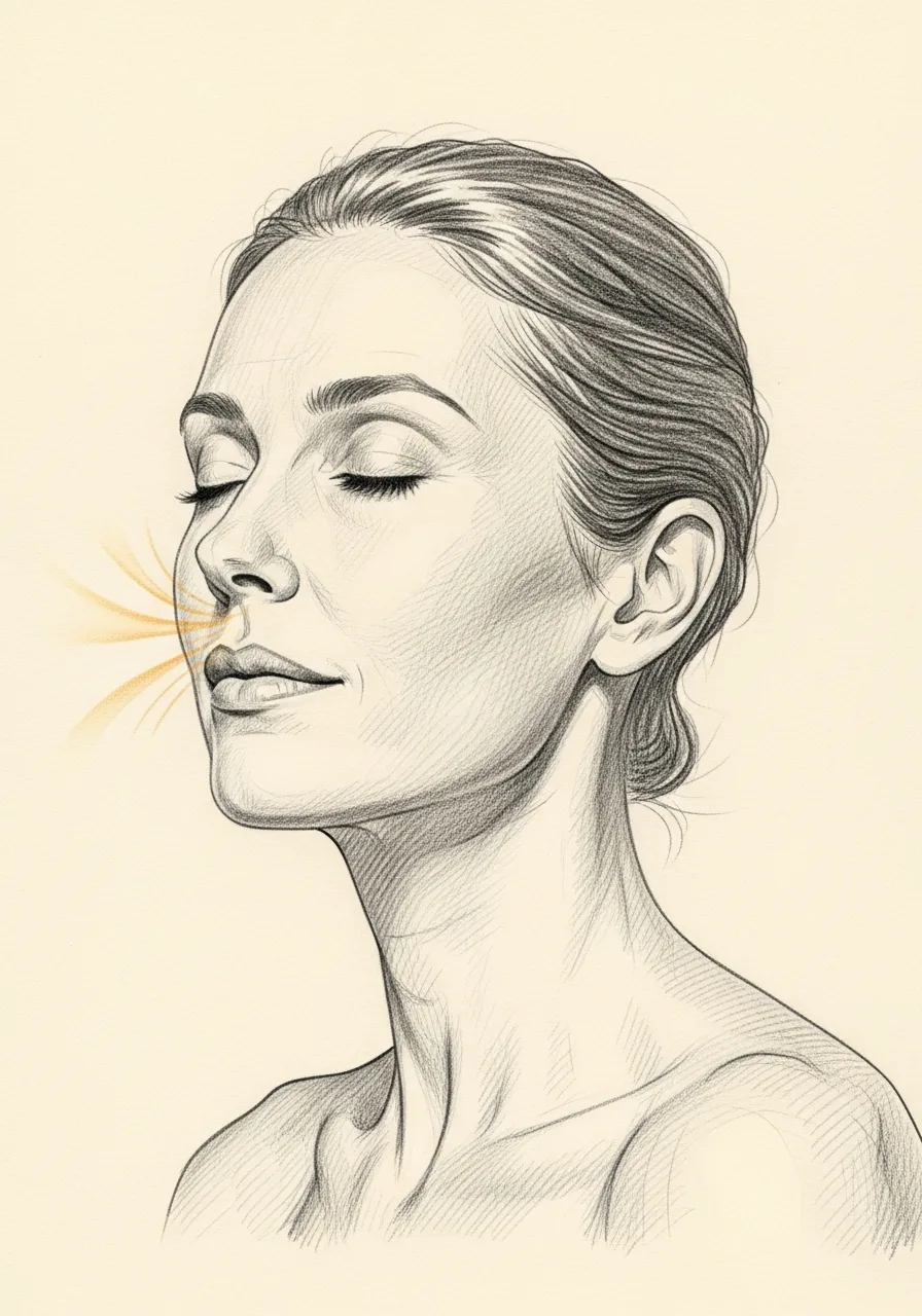 Editorial pencil-sketch portrait — calm contemplative breathing after sinus surgery