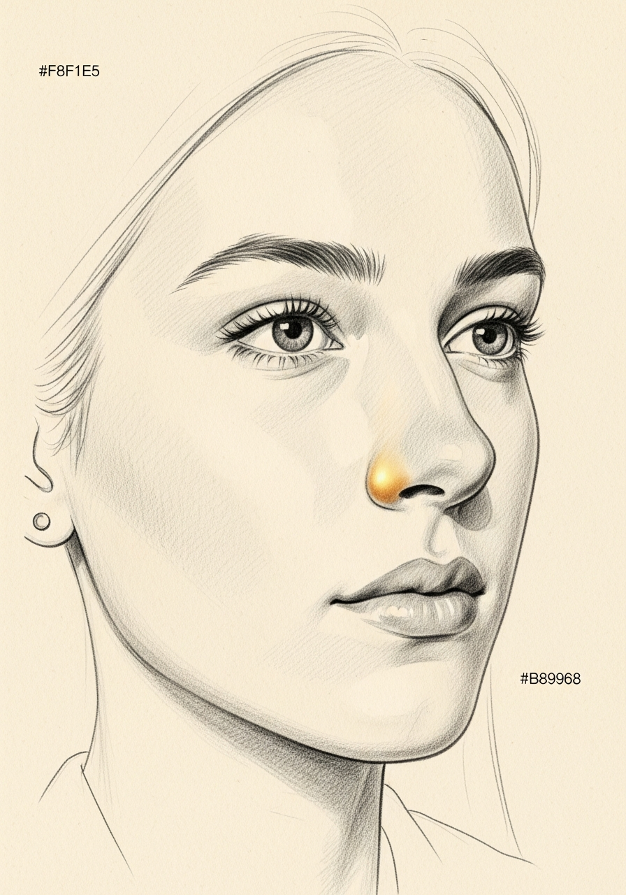 Editorial pencil-sketch portrait — refined adolescent nose after carefully-timed rhinoplasty