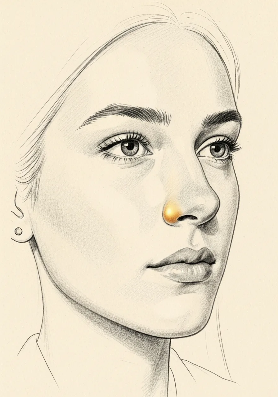 Editorial pencil-sketch portrait — refined adolescent nose after carefully-timed rhinoplasty