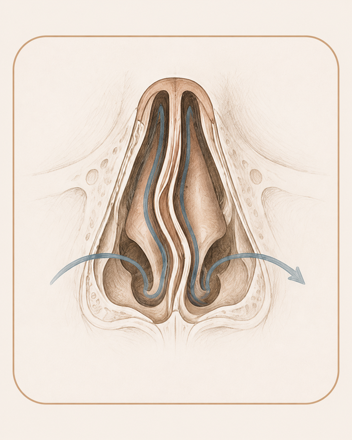 Anatomical illustration looking up into the nostrils showing a deviated nasal septum buckled to one side, with airflow restricted