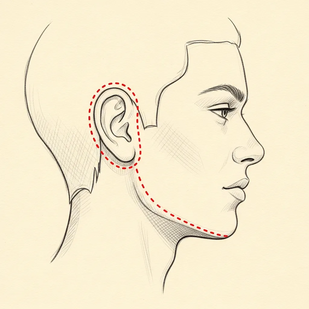 Lateral cervicoplasty diagram — pencil-sketch side view. Red dotted incision line traces in front of the ear, around the lobe, and back into the hairline behind the temple, indicating skin elevation across the lateral neck.