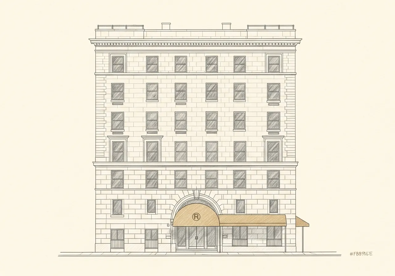 Pencil sketch architectural elevation of the prewar Fifth Avenue building facing Central Park