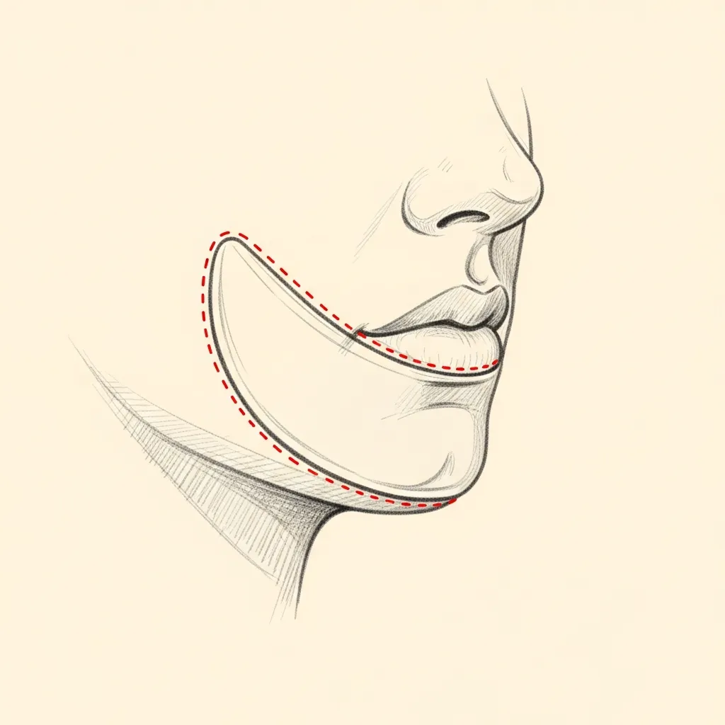 Pencil-sketch lateral view of the lower face with a silicone chin implant overlay on the anterior mandible; red dotted line marks the hidden submental skin incision under the chin.