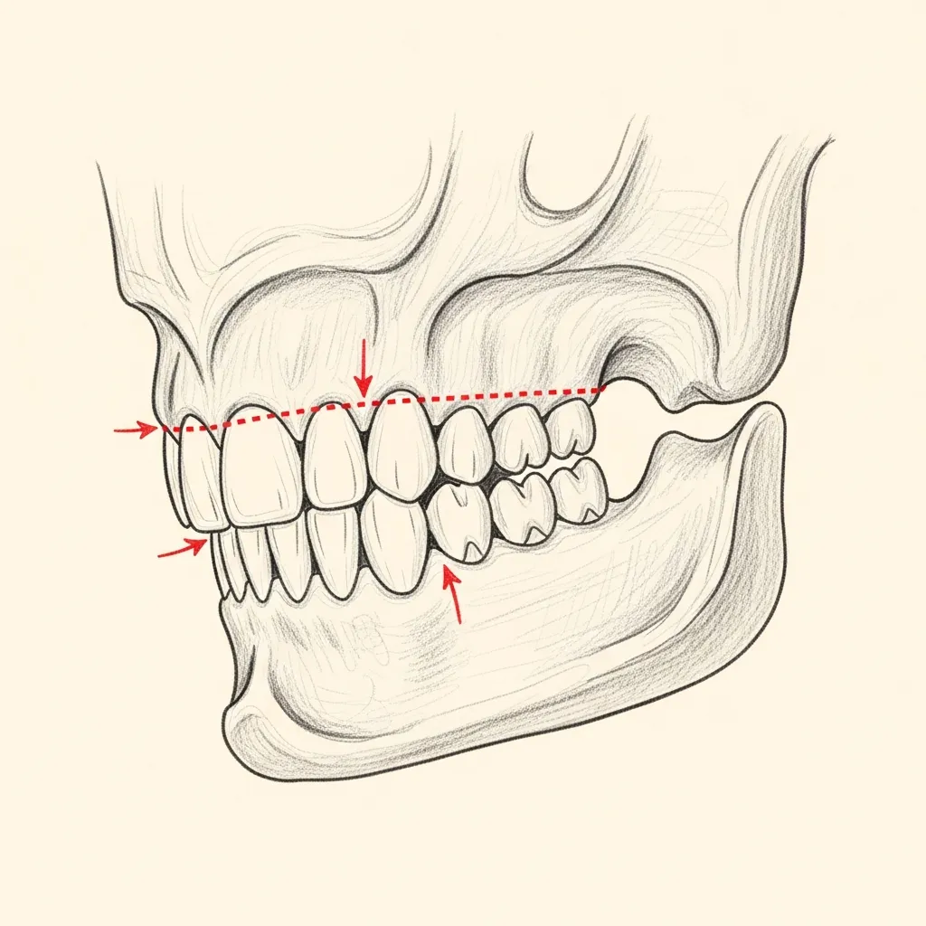 Pencil-sketch lateral view of the mandible with a red dotted horizontal osteotomy line through the chin segment; arrows indicate forward sliding of the chin bone.