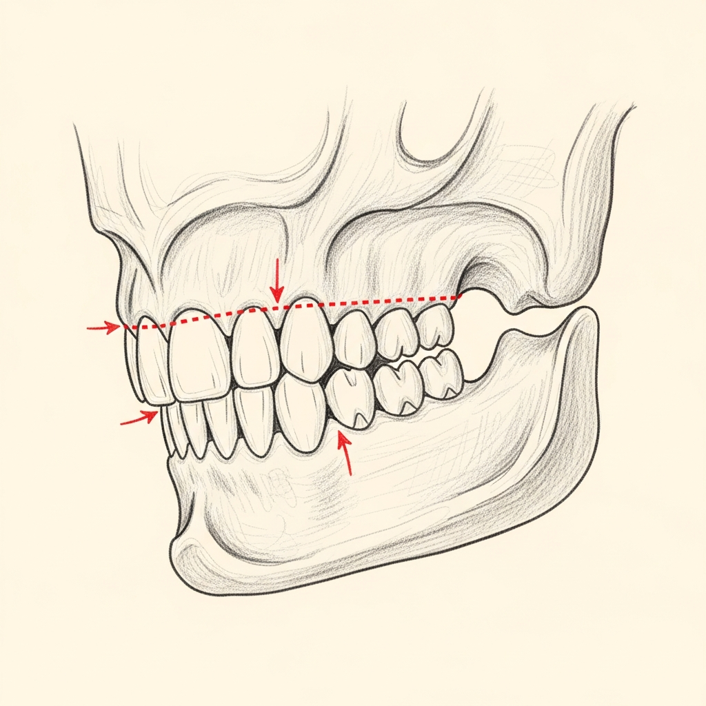 Pencil-sketch lateral view of the mandible with a red dotted horizontal osteotomy line through the chin segment; arrows indicate forward sliding of the chin bone.
