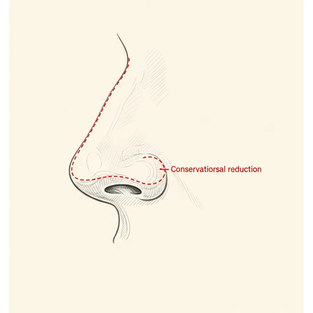 Pencil-sketch lateral view of a masculine nose with red dotted line indicating a conservative dorsal reduction; the resulting profile is straight rather than scooped.