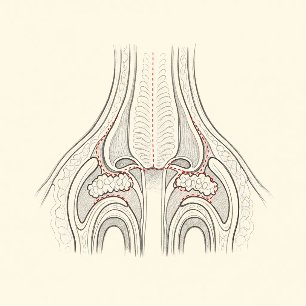 Pencil-sketch coronal cross-section of the nasal cavity showing polyps filling the middle meatus; red dotted outline indicates the polyp tissue to be removed under endoscopic visualisation.