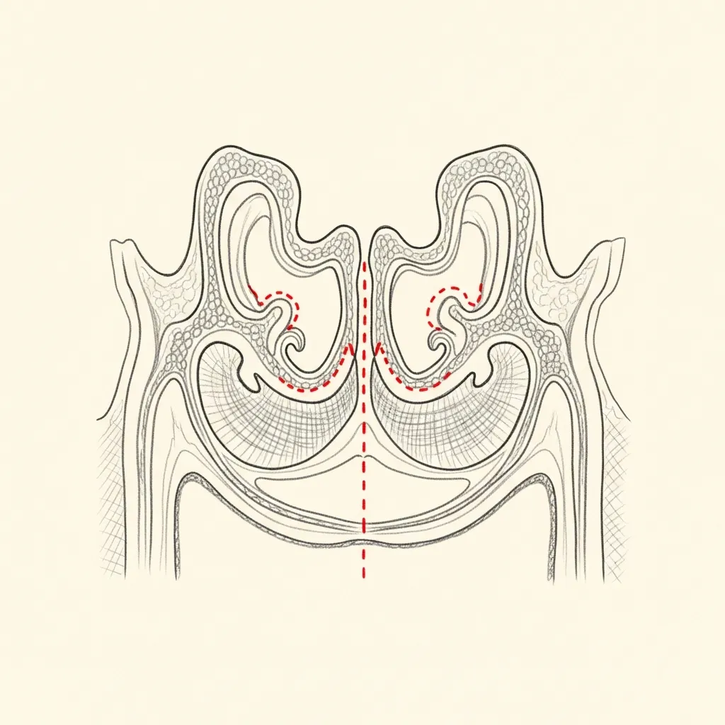 Pencil-sketch coronal cross-section showing the maxillary and ethmoid sinus outflow tracts with red dotted lines marking the bony partitions opened during functional endoscopic sinus surgery.