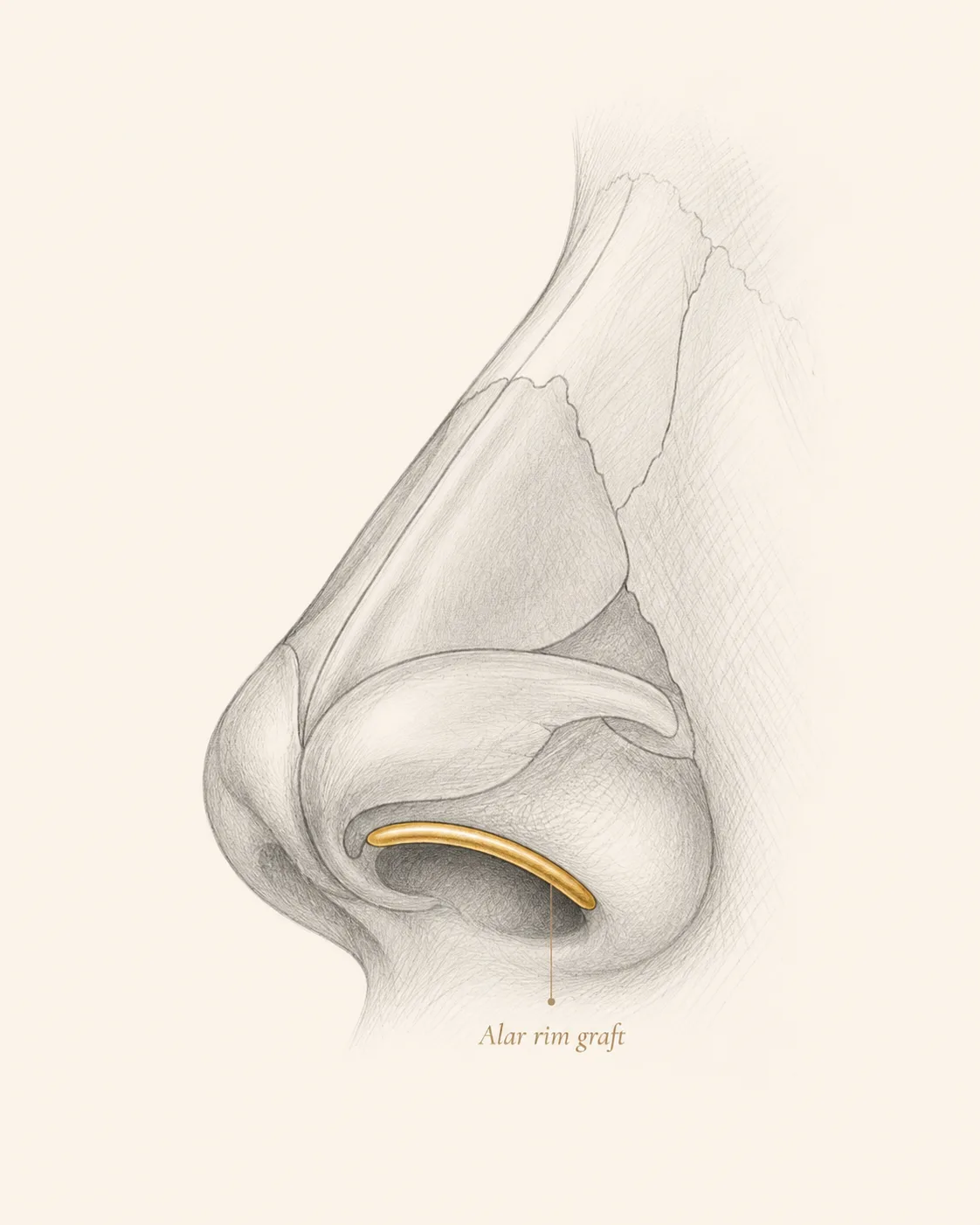 Pencil-style lateral illustration of the nose showing a thin alar rim graft following the free margin of the nostril.