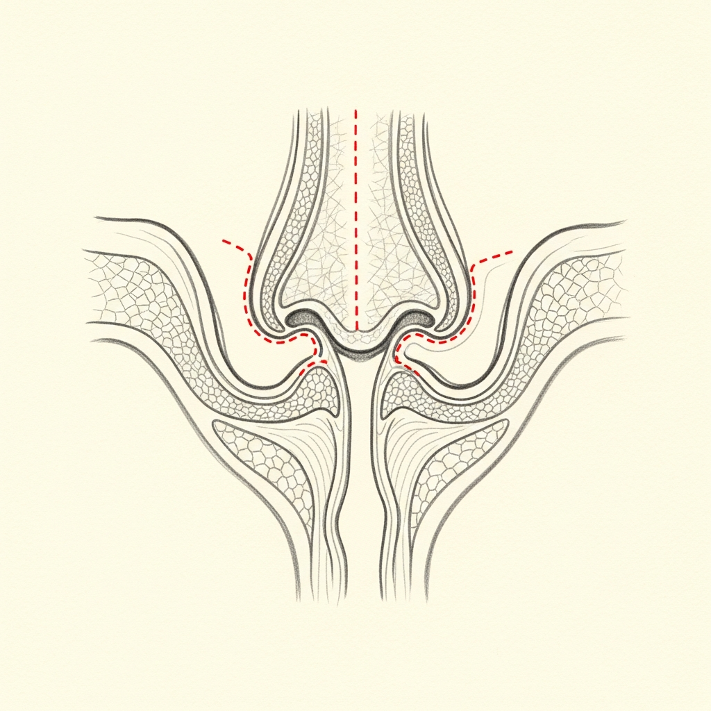 Pencil-sketch coronal cross-section of the internal nasal valve showing the angle between the upper lateral cartilage and the septum; red dotted outline indicates a spreader graft placed in the dorsal septal angle to widen the valve.