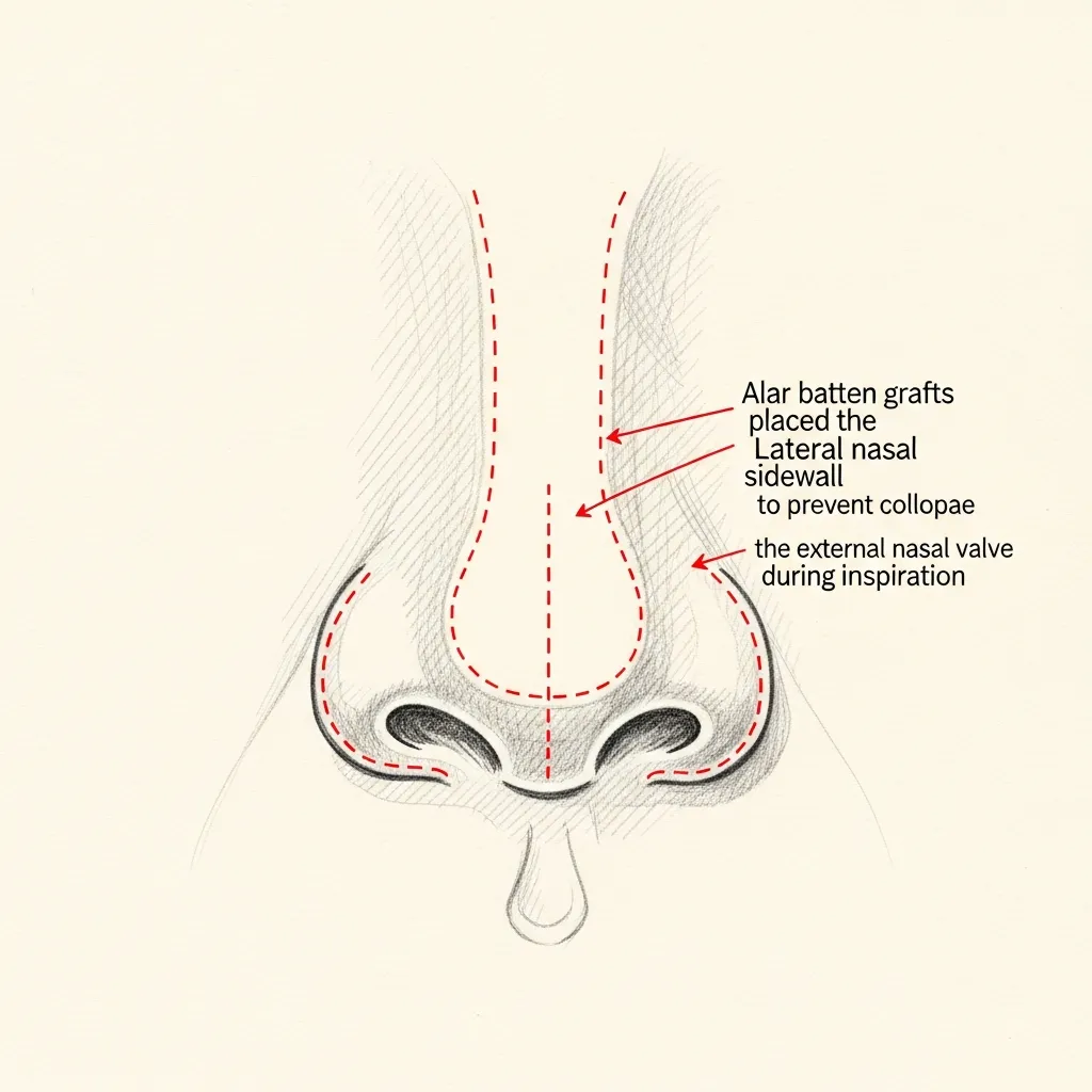Pencil-sketch base view of the nose with red dotted outlines indicating alar batten grafts placed in the lateral nasal sidewall to prevent collapse of the external nasal valve during inspiration.