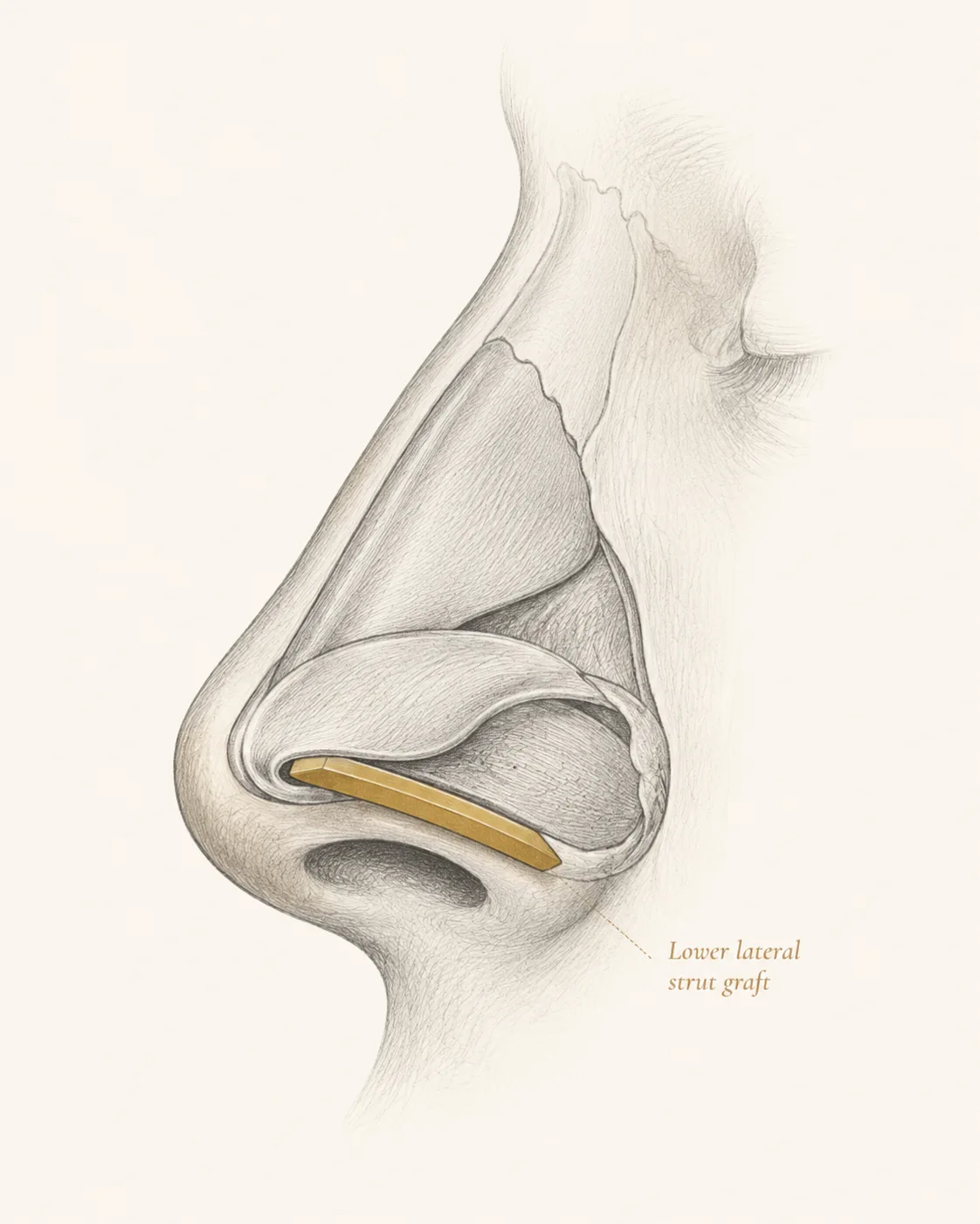 Pencil-style lateral illustration of the nose showing a lateral crural strut graft placed along the deep surface of the lower lateral cartilage.