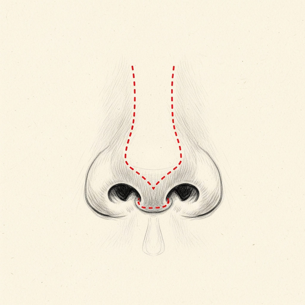 Open (external) rhinoplasty — editorial pencil-sketch, base-of-nose view. Dotted red lines mark a small incision across the columella with extensions into the rim of each nostril.