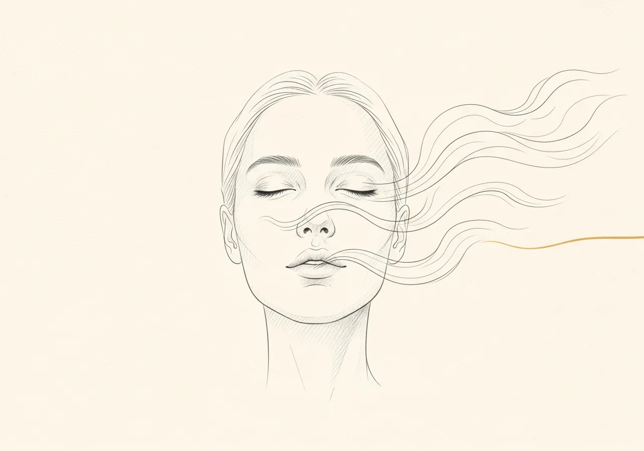 Pencil-sketch portrait at rest with soft flowing air-current lines suggesting an easy breath