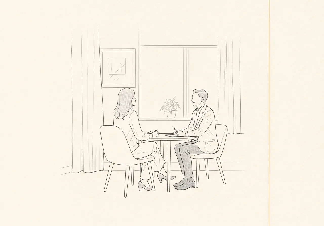 Pencil-sketch scene of two people in calm conversation across a small table