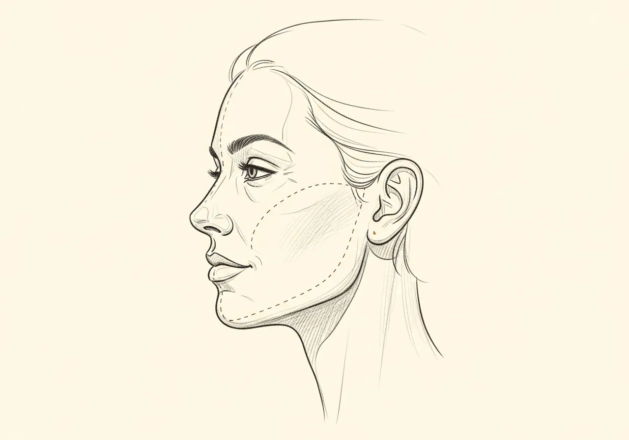 Pencil-sketch lateral profile of a serene face with subtle deep-plane elevation vectors