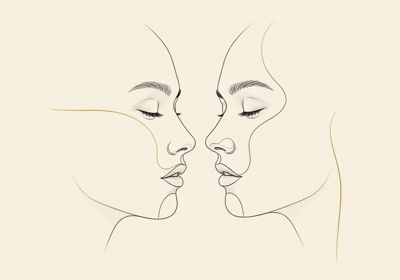 Pencil-sketch of two serene facial profiles facing one another in quiet symmetry