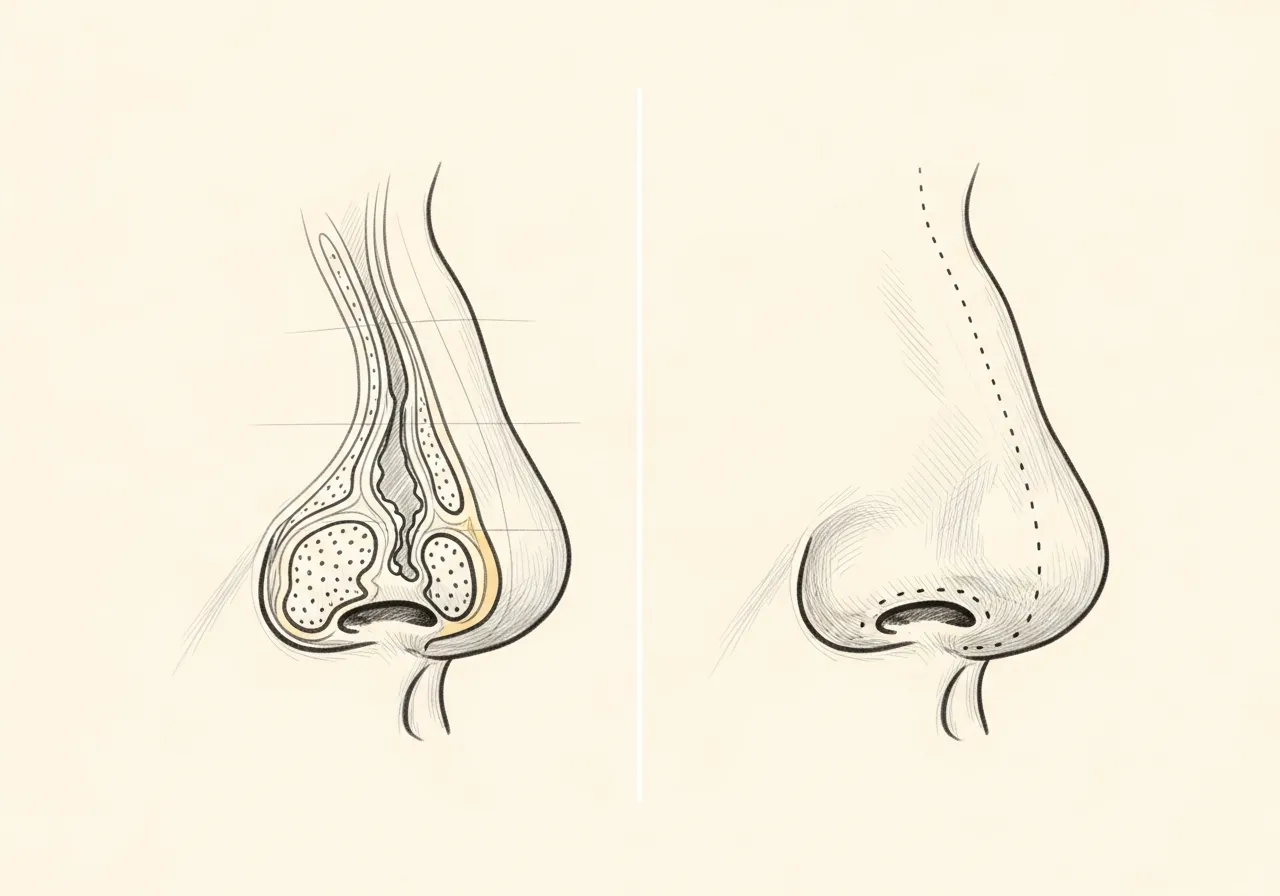 Pencil-sketch cross-section of nasal cartilage showing scarred and rebuilt support