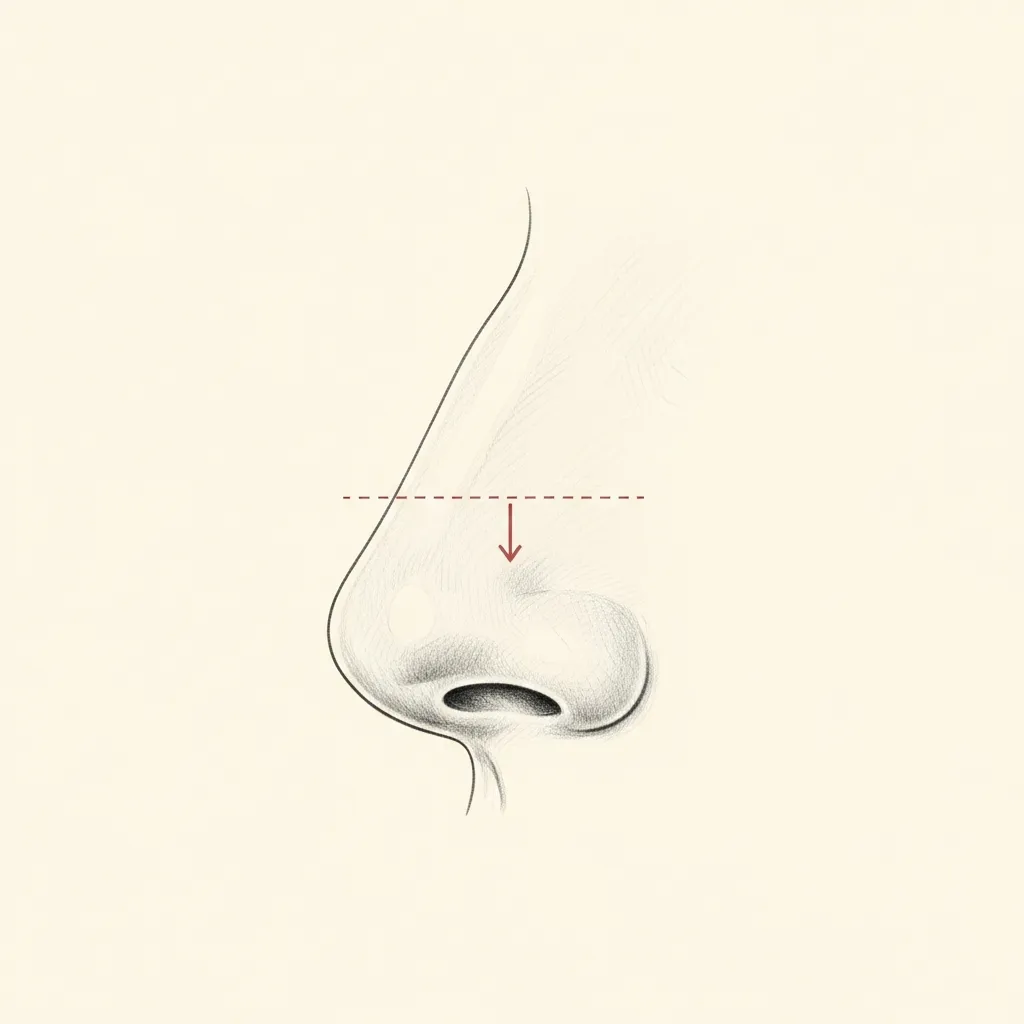 Dorsal preservation push-down diagram — pencil-sketch side profile of the nose. A red dotted arrow indicates the dorsum settling downward as a unit after bone and septum are removed at the base.