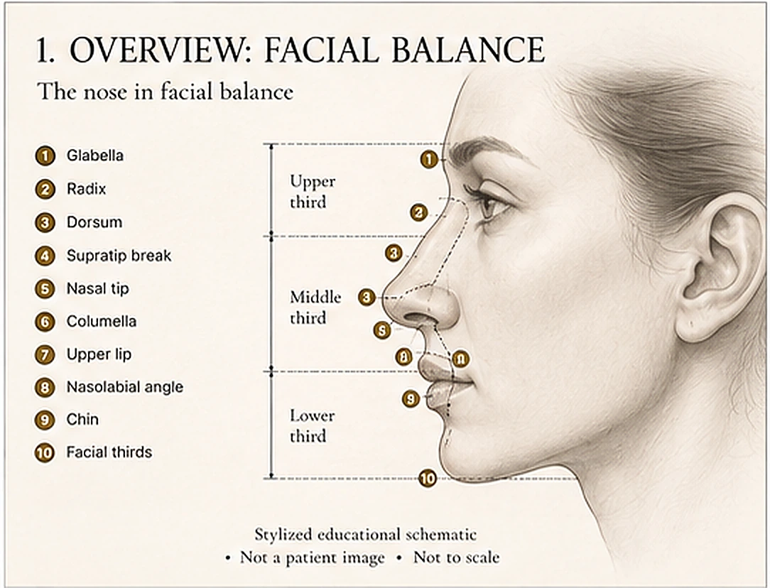 Stylized lateral facial-profile schematic showing the glabella, radix, dorsum, supratip break, nasal tip, columella, upper lip, nasolabial angle, chin, and the vertical facial thirds. Educational illustration, not a patient photograph.