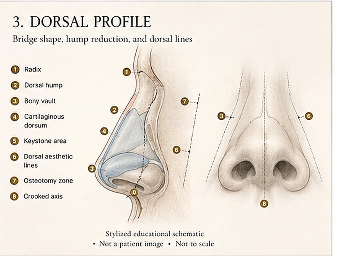 Stylized profile and frontal bridge-planning schematic showing the radix, dorsal hump, bony vault, cartilaginous dorsum, keystone area, dorsal aesthetic lines, and osteotomy zones. Educational illustration, not a patient photograph.