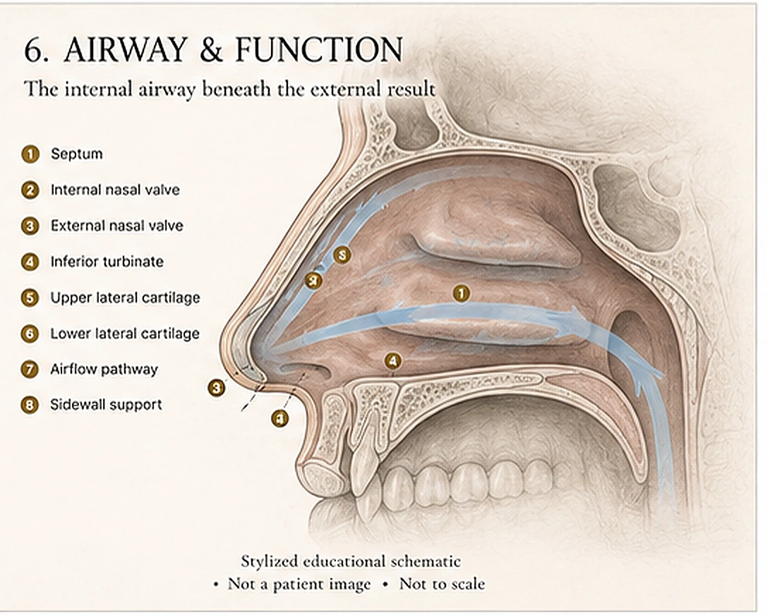 Stylized internal nasal-airway cutaway showing the septum, internal and external nasal valves, inferior turbinate, upper and lower lateral cartilages, airflow pathway, and sidewall support. Educational illustration, not a patient photograph.