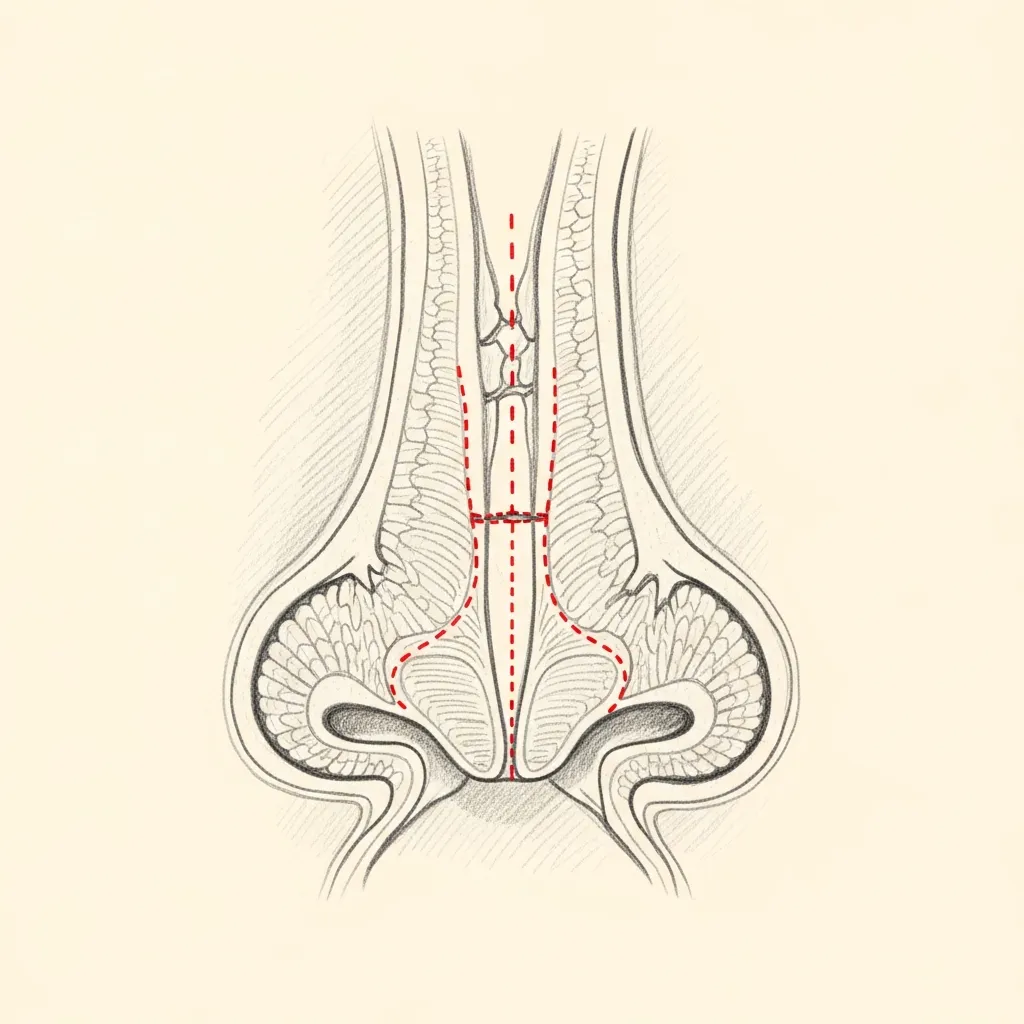 Pencil-sketch sagittal cross-section of the nasal septum showing a perforation with bilateral mucosal advancement flaps; red dotted lines mark the flap incisions and an interposition graft between them.