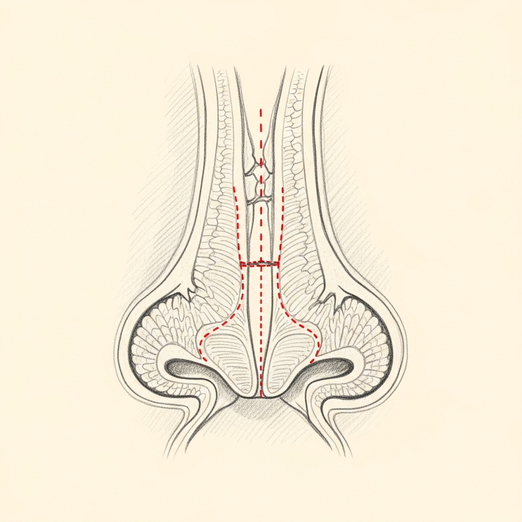 Pencil-sketch sagittal cross-section of the nasal septum showing a perforation with bilateral mucosal advancement flaps; red dotted lines mark the flap incisions and an interposition graft between them.