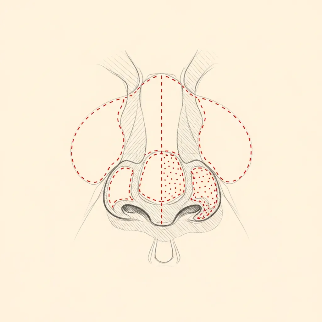 Pencil-sketch frontal view of the nasal anatomy with an open rhinoplasty exposure; red dotted lines mark larger mucosal flaps and a substantial interposition fascia graft for closure of a large septal perforation.
