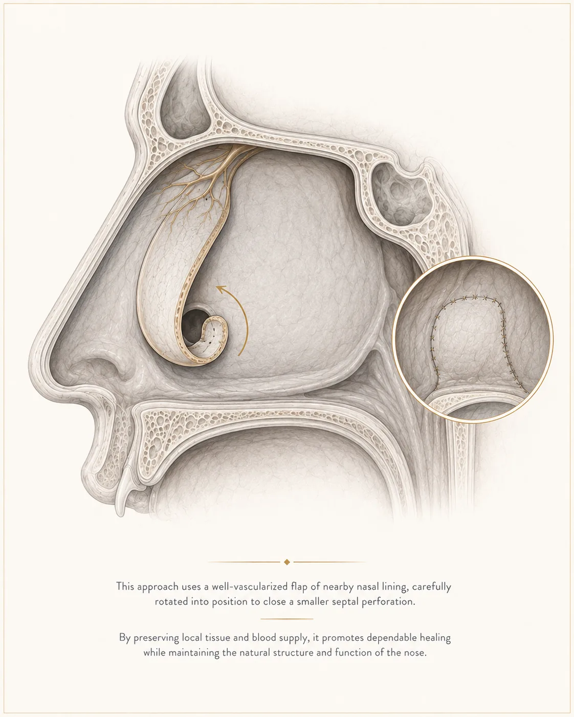 Sagittal educational illustration of a local mucosal flap for small septal perforation repair: a vascularized flap of nasal lining rotating into the septal perforation, with a magnified inset showing the sutured closure.
