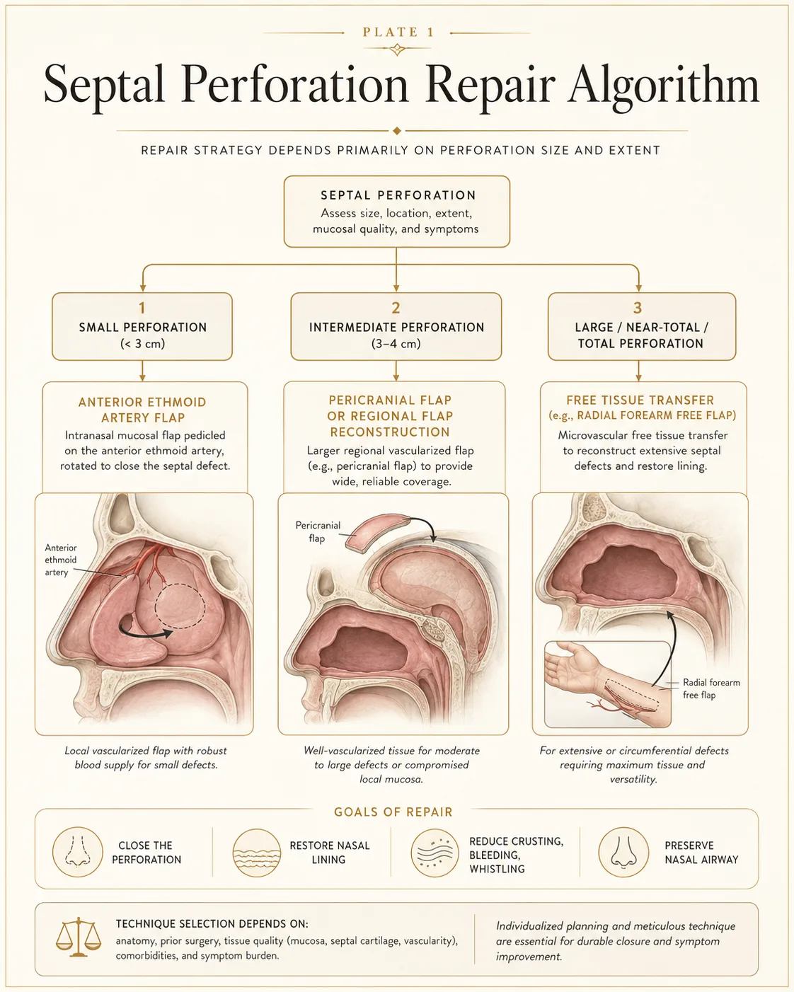 Educational flowchart of the septal perforation repair algorithm: small perforations under 3 cm to an anterior ethmoid artery flap, intermediate 3 to 4 cm perforations to pericranial or regional flap reconstruction, and large, near-total, or total perforations to free tissue transfer such as a radial forearm free flap.