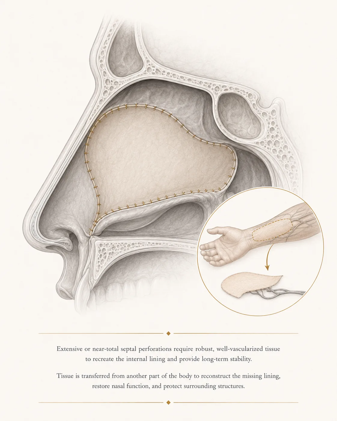 Sagittal educational illustration of free tissue transfer for near-total and total septal perforation repair: the reconstructed septal lining sutured into place, with an inset showing the radial forearm donor site and the harvested tissue with its blood vessels.