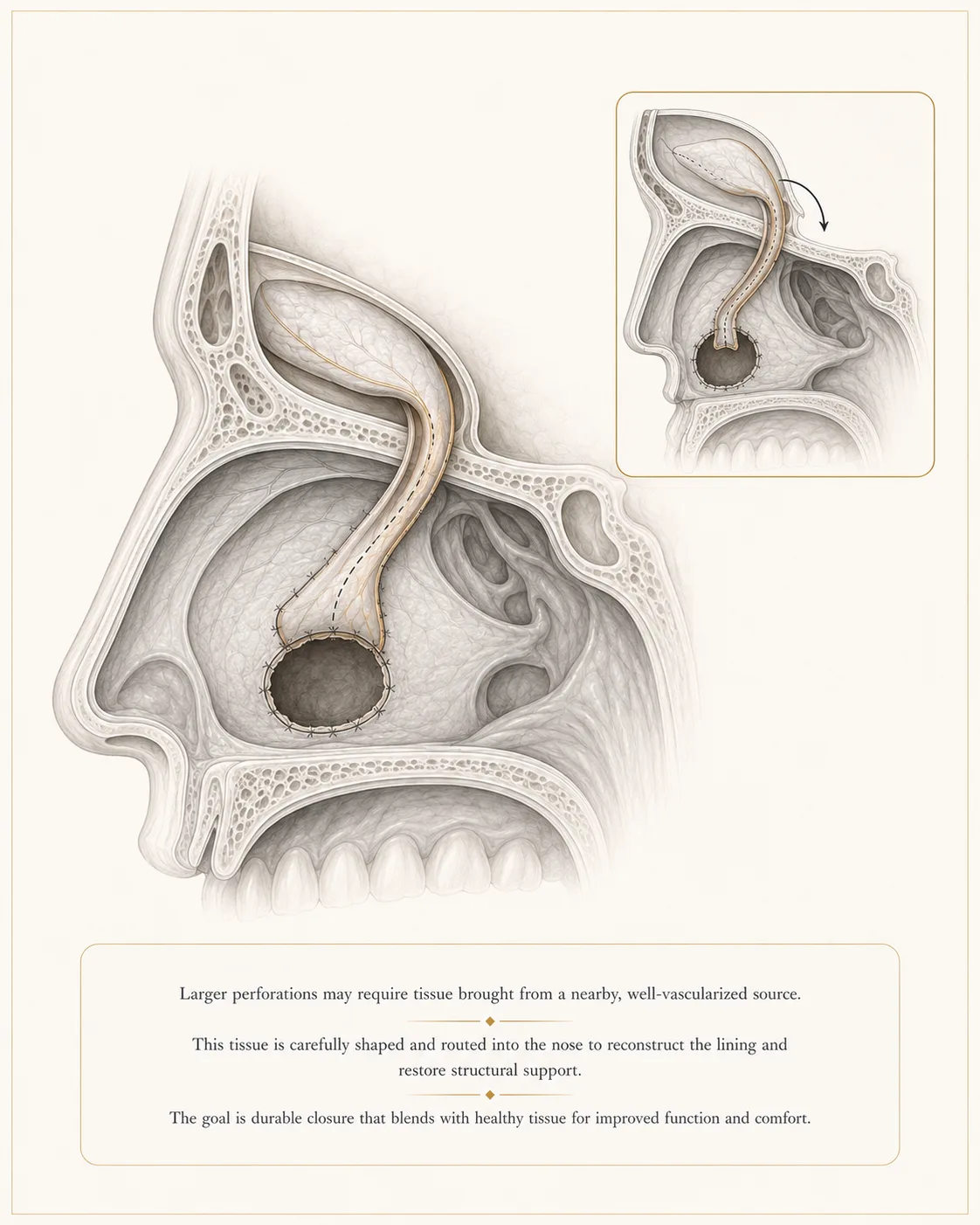 Sagittal educational illustration of regional flap reconstruction for an intermediate septal perforation: vascularized tissue routed from above the nose down to the septal perforation, with an inset showing the flap turning down into position.