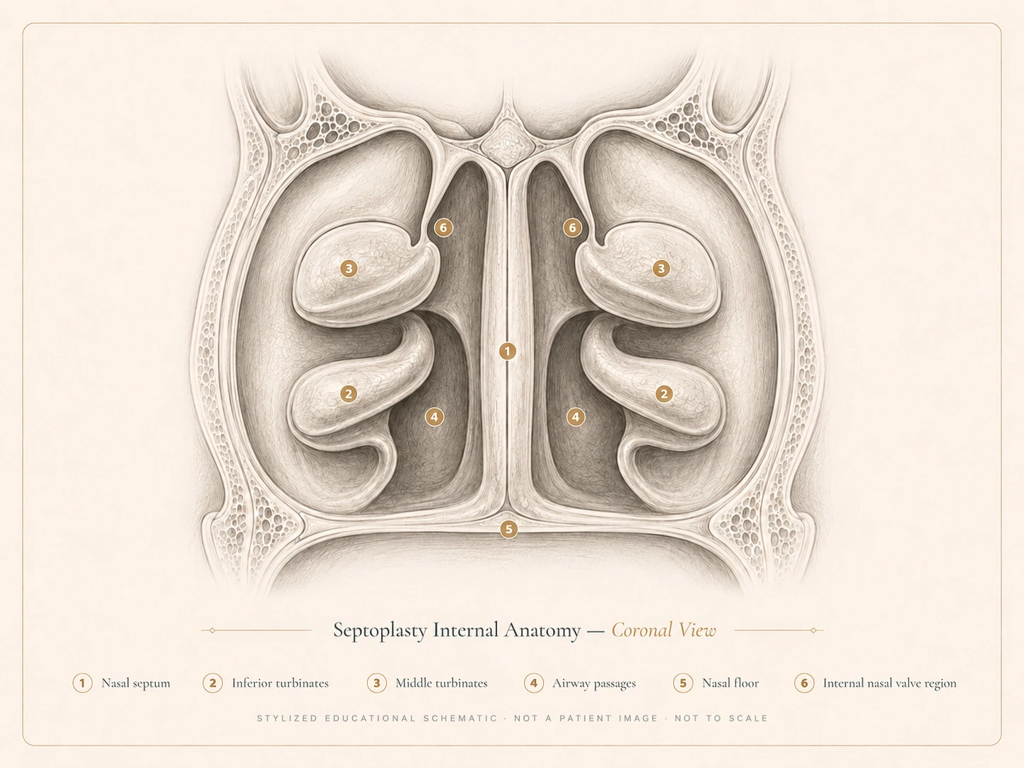 Stylized surgical illustration of a front-facing (coronal) cross-section of the nose, labeled with the nasal septum, inferior turbinates, middle turbinates, airway passages, nasal floor, and internal nasal valve region.