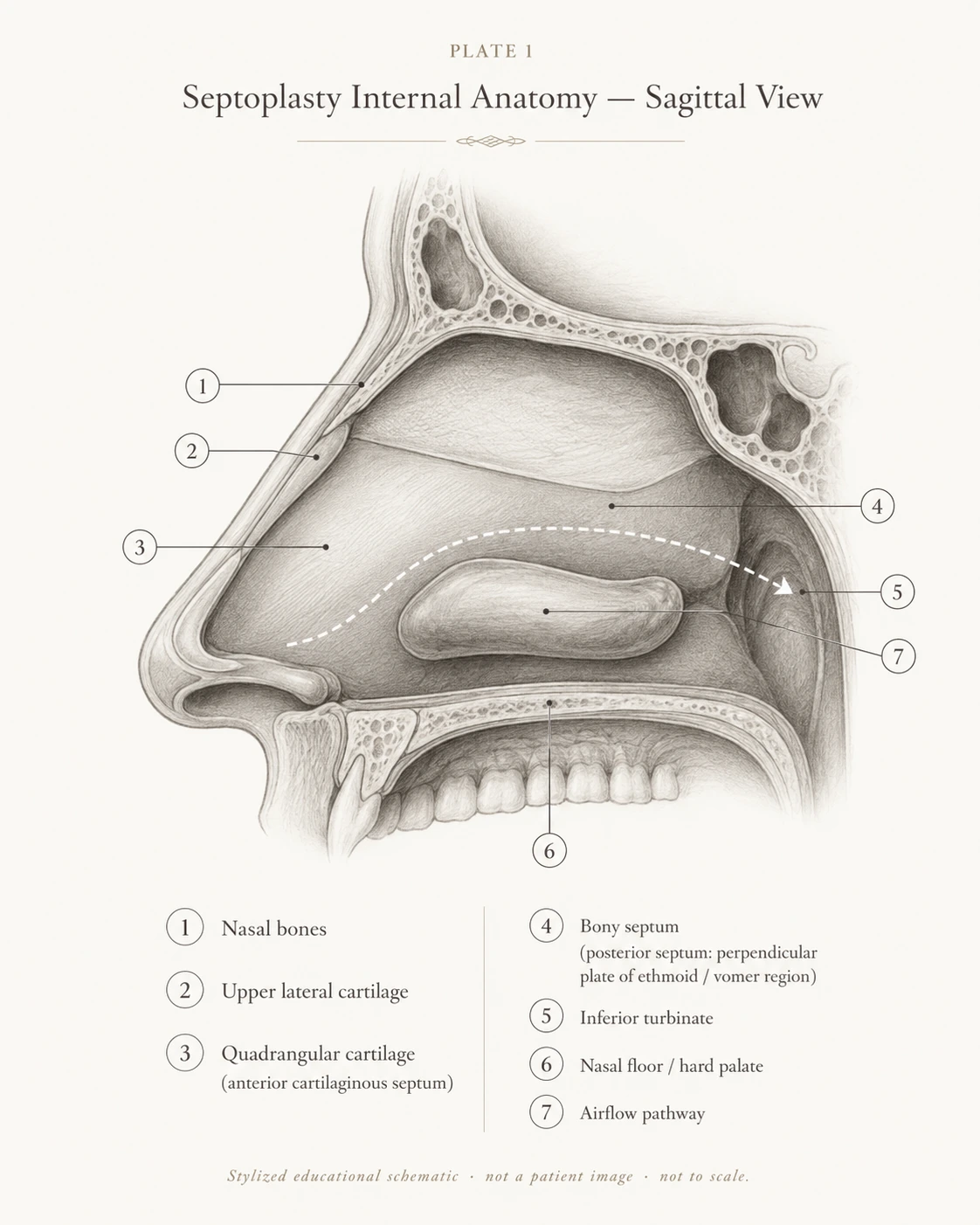 Stylized surgical illustration of a side (sagittal) cross-section through the nose, labeled with the nasal bones, upper lateral cartilage, quadrangular cartilage, bony septum, inferior turbinate, nasal floor, and the airflow pathway.