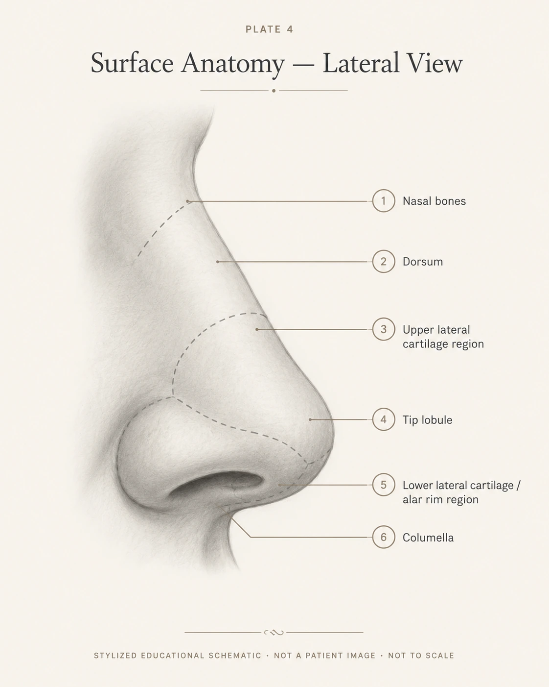 Stylized surgical illustration of the nose in profile, labeling the external structures: nasal bones, dorsum, upper lateral cartilage region, tip lobule, lower lateral cartilage / alar rim region, and columella.