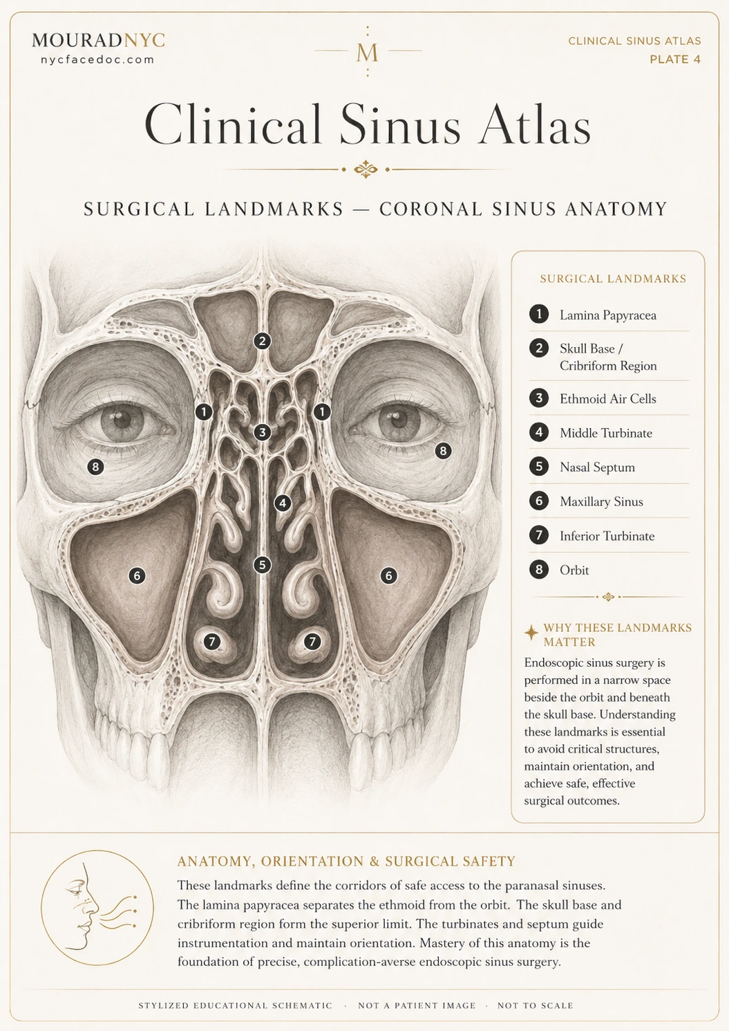Clinical sinus atlas plate showing key surgical landmarks for endoscopic sinus surgery, including lamina papyracea, skull base region, ethmoid cells, turbinates, septum, maxillary sinuses, and orbits.
