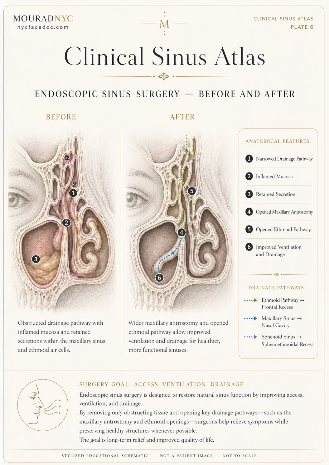 Clinical sinus atlas plate comparing obstructed sinus drainage before endoscopic sinus surgery with improved access, ventilation, and drainage after surgery.