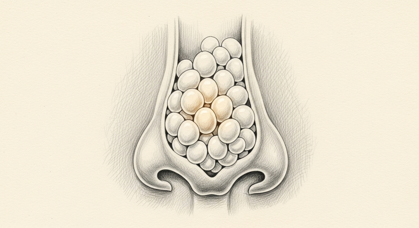 Nasal polyps filling the nasal cavity and obstructing airflow.