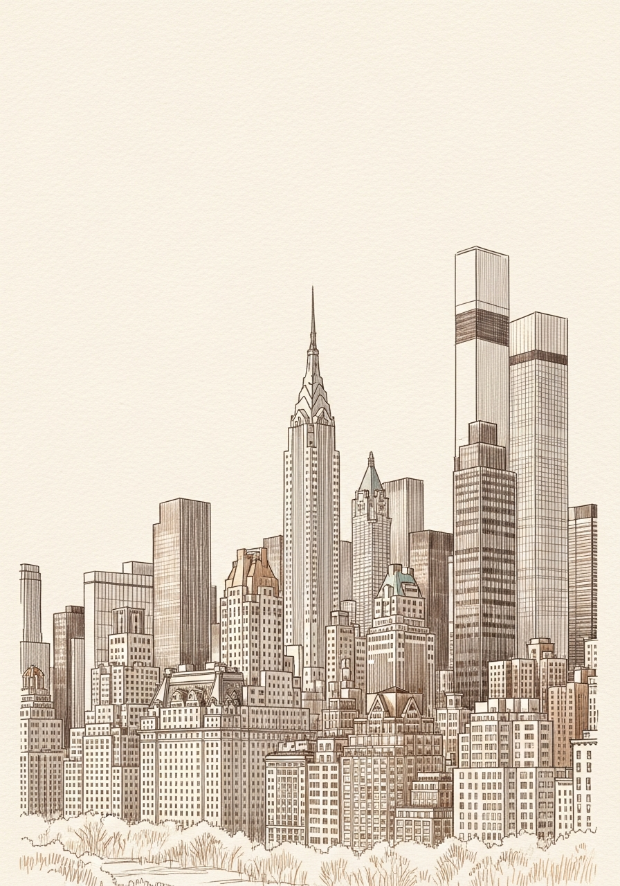 Hand-drawn pencil sketch of the New York City skyline — the Chrysler Building, Empire State Building, and Central Park — evoking MouradNYC's Upper East Side practice on Fifth Avenue