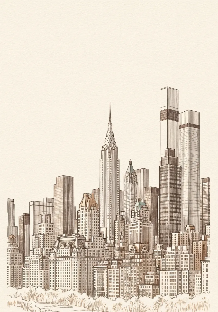 Hand-drawn pencil sketch of the New York City skyline — the Chrysler Building, Empire State Building, and Central Park — evoking MouradNYC's Upper East Side practice on Fifth Avenue
