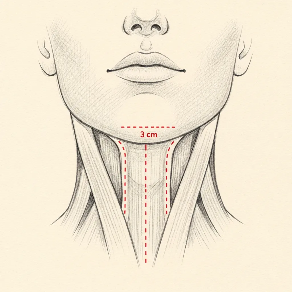 Submentoplasty diagram — pencil-sketch view from below the chin. A small red dotted incision sits in the natural submental crease; vertical dotted lines indicate platysma muscle plication.