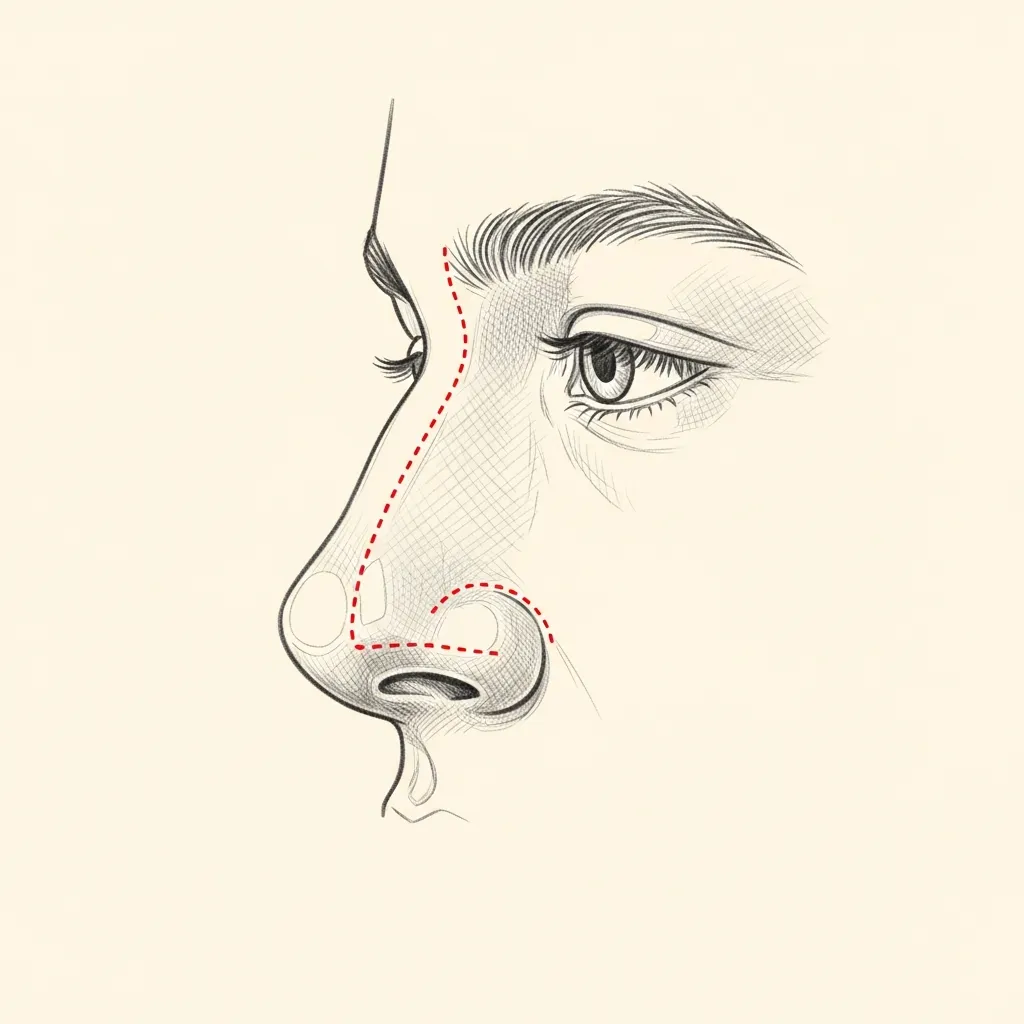 Pencil-sketch lateral view of an adolescent nose with red dotted line marking a measured, conservative dorsal reduction that preserves the dorsal aesthetic lines.