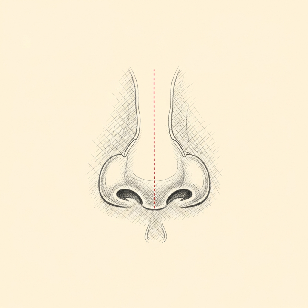 Pencil-sketch base view of an adolescent nose showing a columellar strut graft and tip-defining sutures providing long-term structural support.