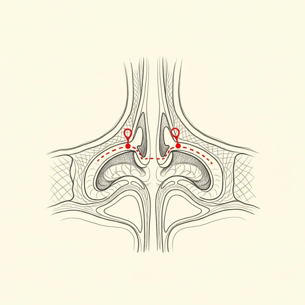 Pencil-sketch coronal cross-section of the internal nasal valve with red dotted markers showing two radiofrequency treatment points along the upper lateral cartilage — performed in-office under local anesthesia.