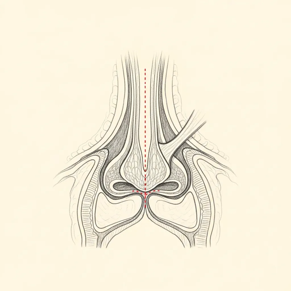Pencil-sketch coronal cross-section of the internal nasal valve showing a spreader graft placed in the dorsal septal angle — performed in the operating room with rhinoplasty-grade structural reconstruction.